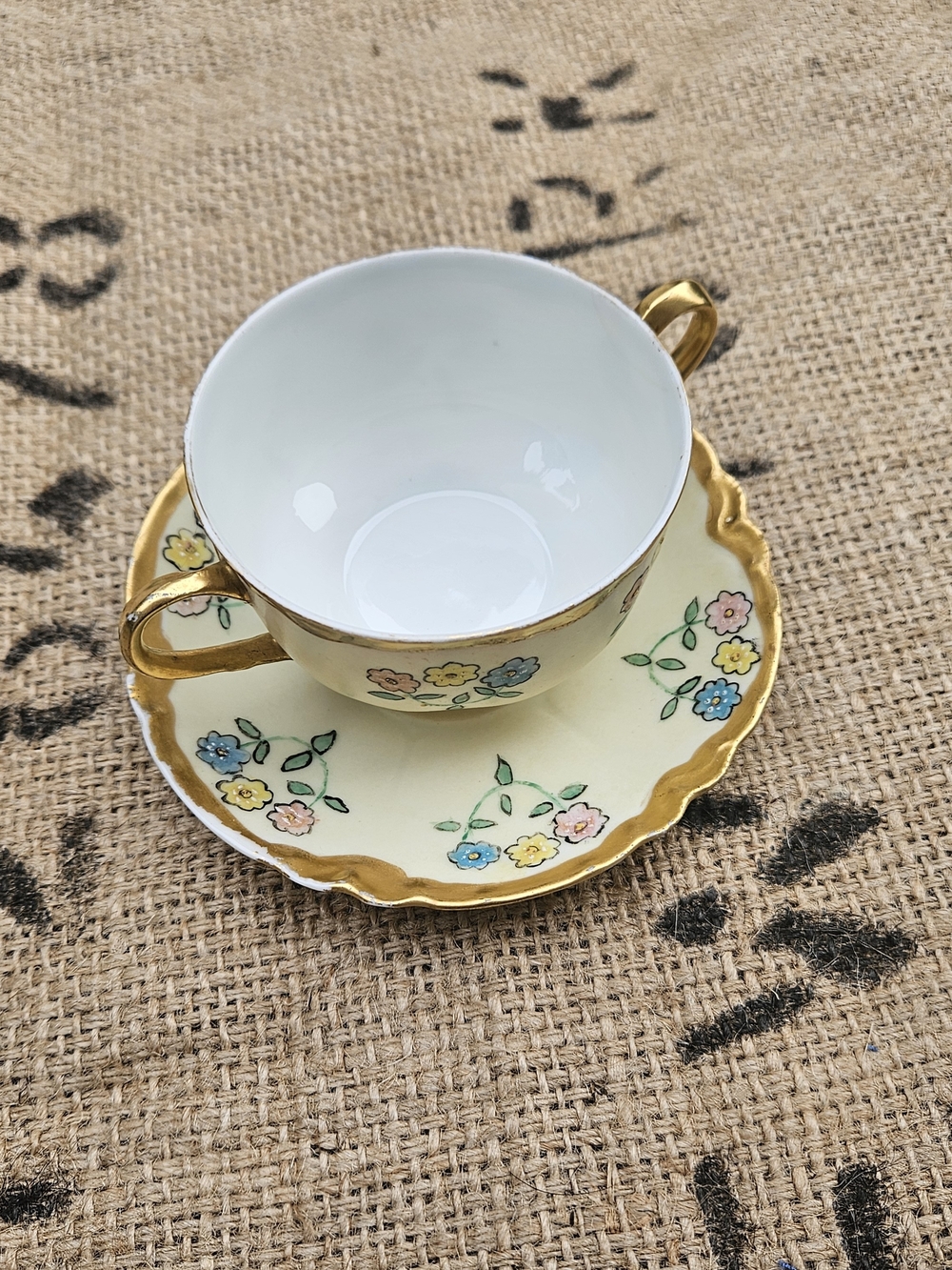 Antique or Old Vintage Haviland Limoges Cream Soup Cup and Saucer Yellow Floral